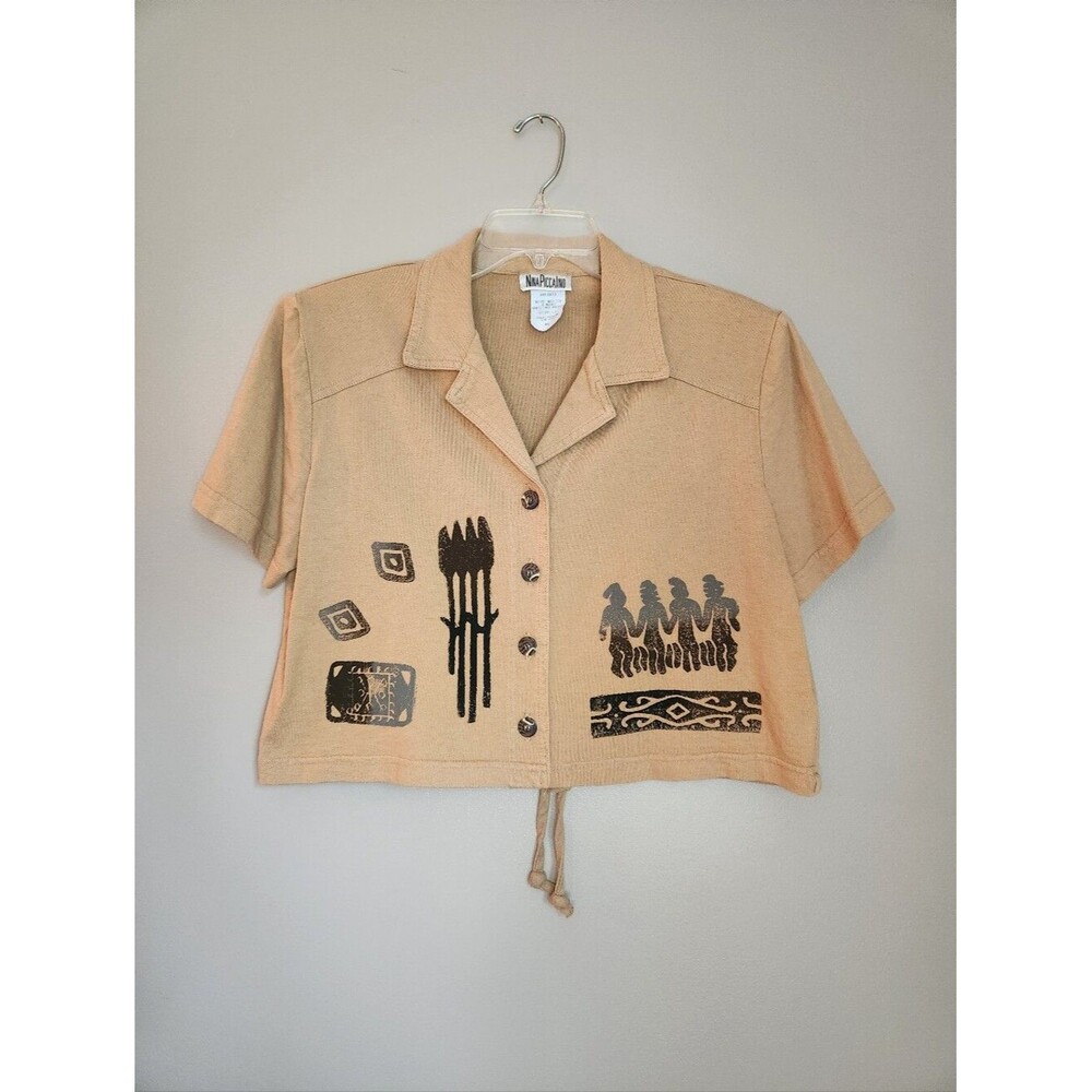 Vintage 90s Nina Piccalino Tribal Art Button-up Crop Top Size 12